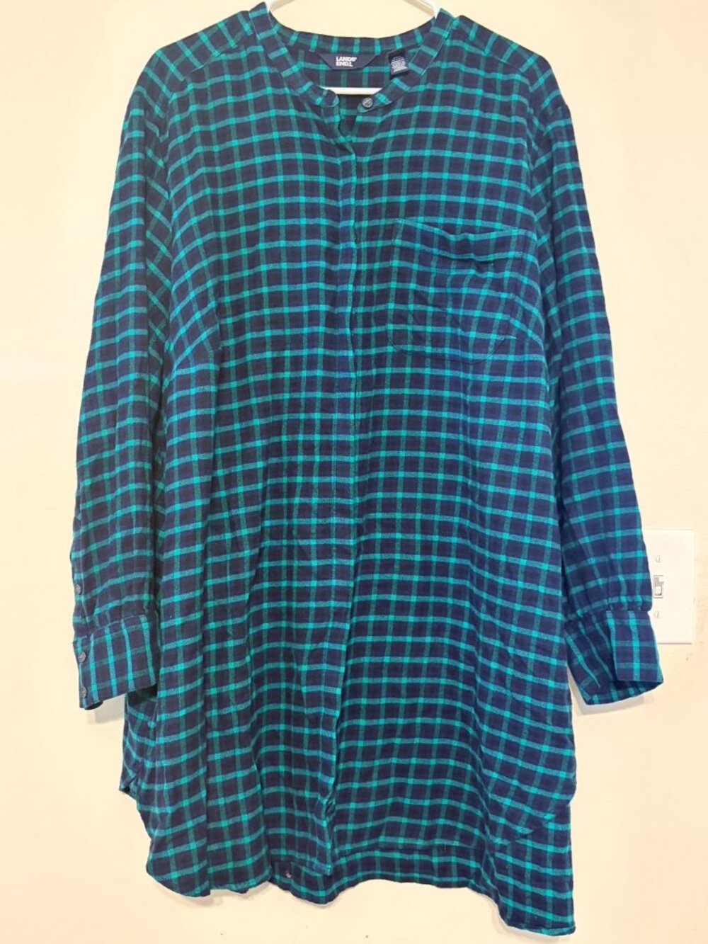 Women's Lands' End Green Black Plaid Collarless Button-Up Tunic Length Shirt 2X